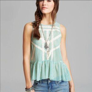 Free People Women's Green Cream Peplum Sleeveless Tank Top Size Large